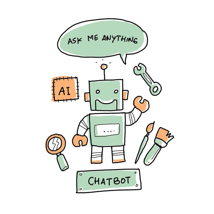 Cartoon robot holding an 'Ask me anything' sign next to a chatbot sign