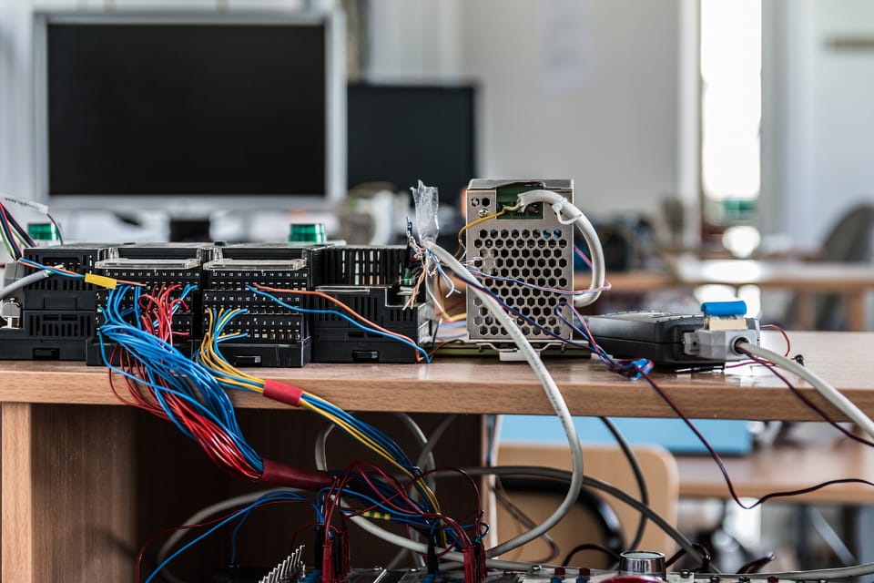 Desk with monitors and a tangle of cables and electronics